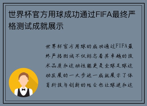 世界杯官方用球成功通过FIFA最终严格测试成就展示 世界杯官方用球成功通过FIFA最终严格测试成就展示