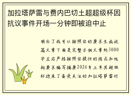 加拉塔萨雷与费内巴切土超超级杯因抗议事件开场一分钟即被迫中止
